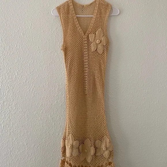 Tan Embellished Sheath Crochet Midi Dress V-Neck - Picture 1 of 4